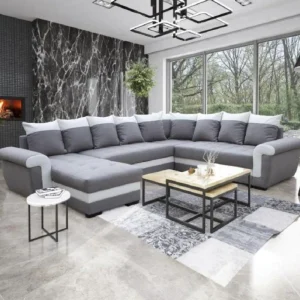 2BM - Hoeksalon Laura - Links - Kunstleder/Stof - Wit/Grijs - Met opbergfunctie - 165x330x244cm | Belga Meubelen Online