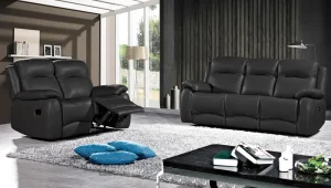 2BM - Salon Edouard - 3+2-zit - 2 relaxen - Leder - Zwart - 145/195x97x90cm | Belga Meubelen Discount