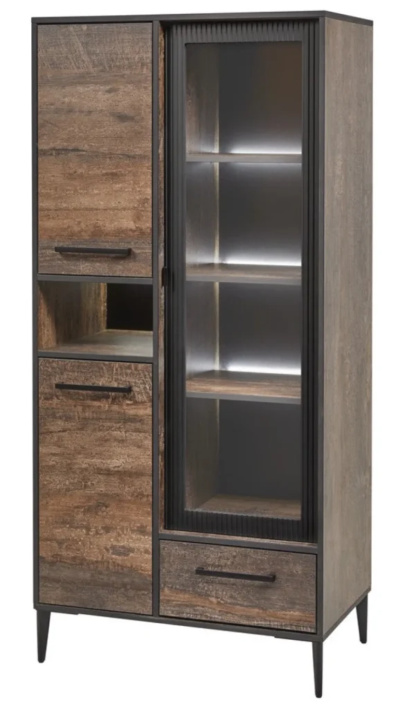 Evan - Kolomkast Perugia - KV1R - K647 - Donker scheepshout/Zwart - 82x177x50cm | Belga Meubelen Discount