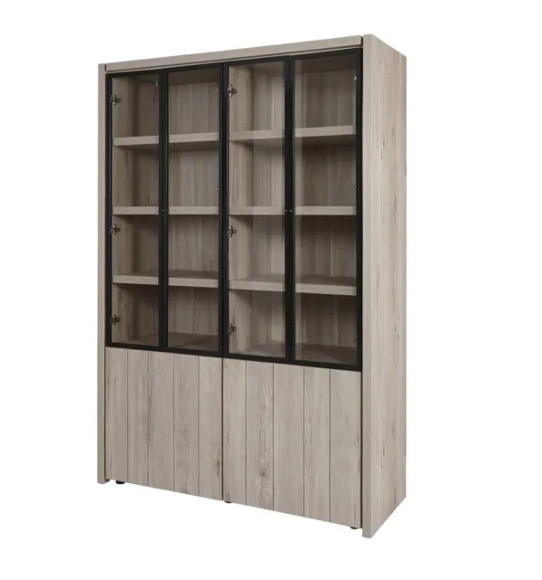 Evan - Vitrine Lucca - V1 - K541 - Millenium eik licht grijs/Zwart - 140x205x50cm | Belga Meubelen Sale