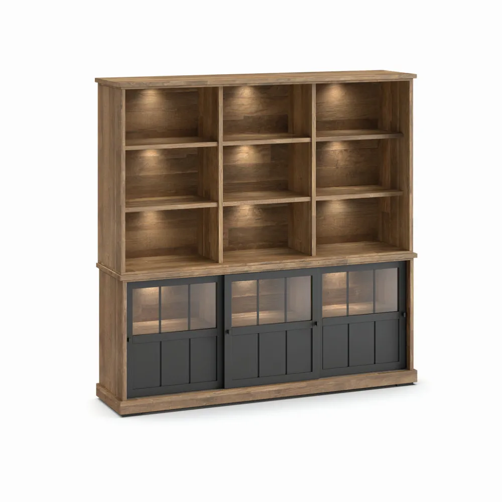 evan__wandkast_patio__drg_0-6.webp Evan - Wandkast Patio - DR2GL+WB7 - K674 - Oude teak/Zwart - 209x208x50cm | Belga Meubelen Outlet