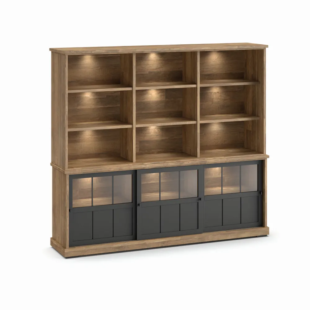 evan__wandkast_patio__drg_0-7.webp Evan - Wandkast Patio - DR1GL+WB6 - K674 - Oude teak/Zwart - 233x208x50cm | Belga Meubelen Best