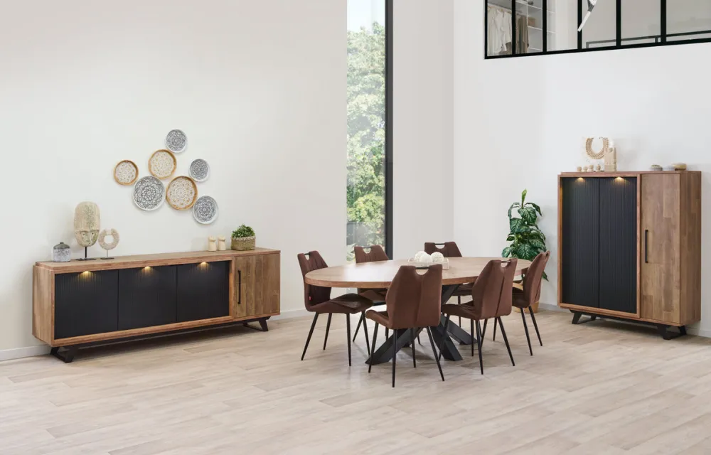 meubar__eetkamer_trentino_0.webp Meubar - Eetkamer Trentino E1 - 3-delige set - Eik/Zwart - Twee kleuren | Belga Meubelen Discount