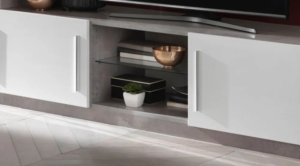 mlm__tvmeubel_greta__hoog_0.webp MLM - TV-Meubel Greta - Hoogglans - Wit/Beton - 156x45x47cm | Belga Meubelen Clearance