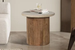 Rousseau - Bijzettafel Louis 50 cm Mango hout met Travertin Beige - 45x50x50 cm | Belga Meubelen Online
