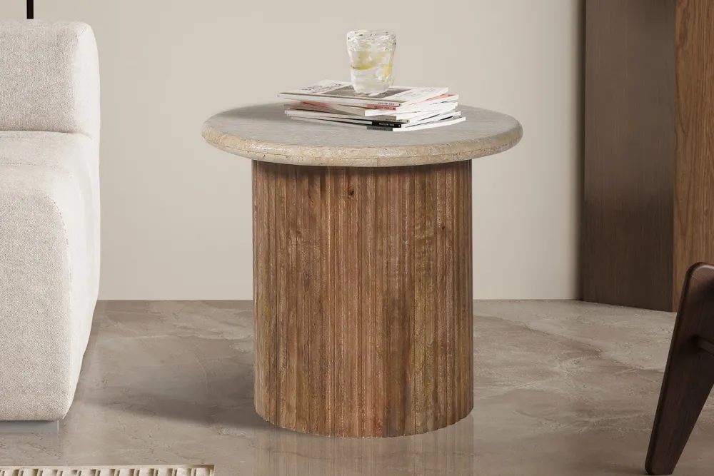 rousseau__bijzettafel_lou_0.webp Rousseau - Bijzettafel Louis 50 cm Mango hout met Travertin Beige - 45x50x50 cm | Belga Meubelen Online