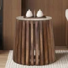 Rousseau - Bijzettafel Luuk 40 cm Rond Mango hout met Travertin Beige - 50x40x40 cm | Belga Meubelen Fashion