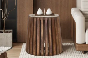 Rousseau - Bijzettafel Luuk 40 cm Rond Mango hout met Travertin Beige - 50x40x40 cm | Belga Meubelen Fashion