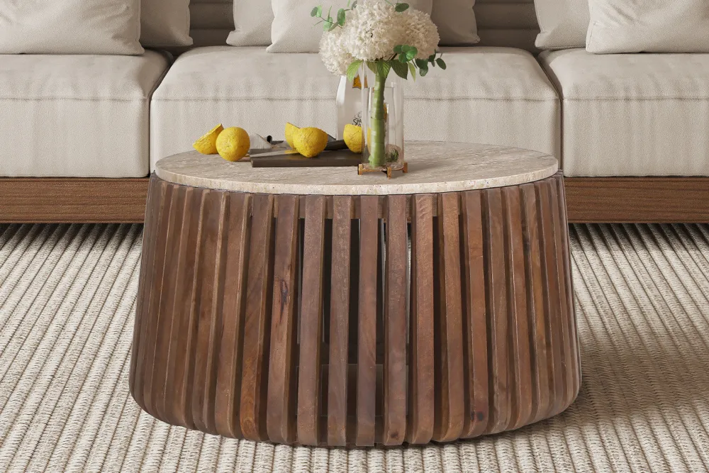 rousseau__salontafel_luuk_0.webp Rousseau - Salontafel Luuk 70 cm Rond Mango hout met Travertin Beige - 40x70x70 cm | Belga Meubelen New