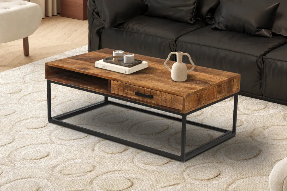 rousseau__salontafel_made_0-4.webp Rousseau - Salontafel Madeira met lade Mango hout - 40x110x60 cm | Belga Meubelen New