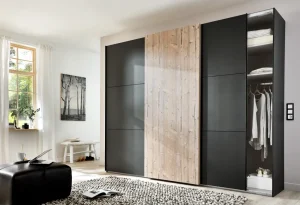 Wimex - Schuifdeur Kleerkast Portfield - 3 Deuren - Grafiet en Eiken - 300x65x216 cm | Belga Meubelen Outlet