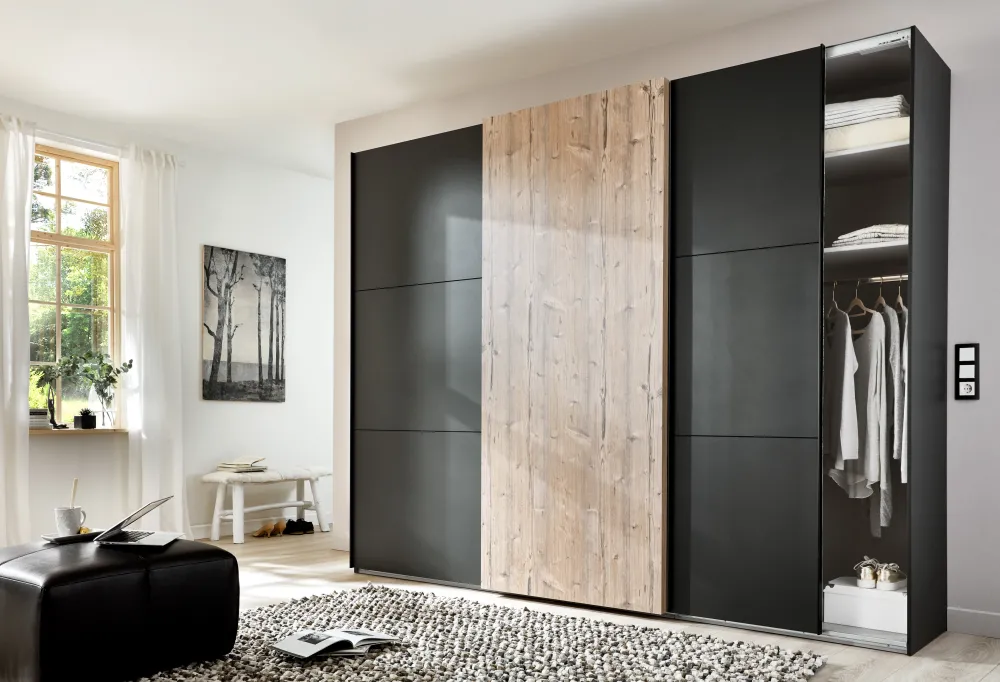 wimex__schuifdeur_kleerka_0.webp Wimex - Schuifdeur Kleerkast Portfield - 3 Deuren - Grafiet en Eiken - 300x65x216 cm | Belga Meubelen Outlet