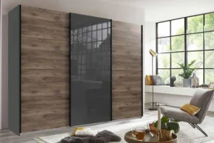 Wimex - Schuifdeurkast Norderstedt - Donker Eiken Imitatie Decor - Grijze Glas - 270x64x236cm | Belga Meubelen Best