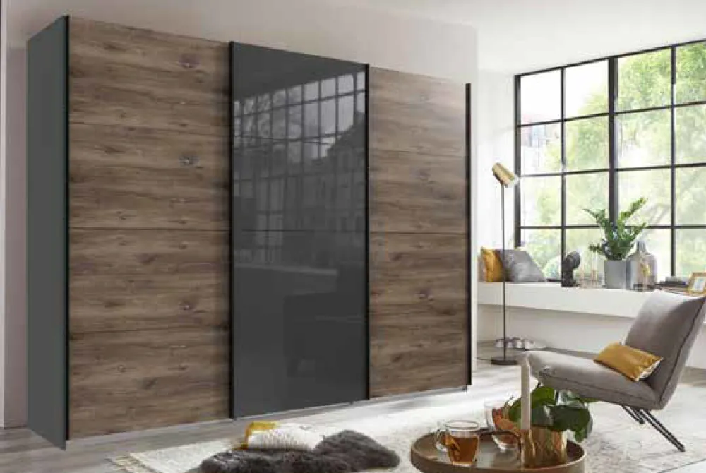 wimex__schuifdeurkast_nor_0.webp Wimex - Schuifdeurkast Norderstedt - Donker Eiken Imitatie Decor - Grijze Glas - 270x64x236cm | Belga Meubelen Best